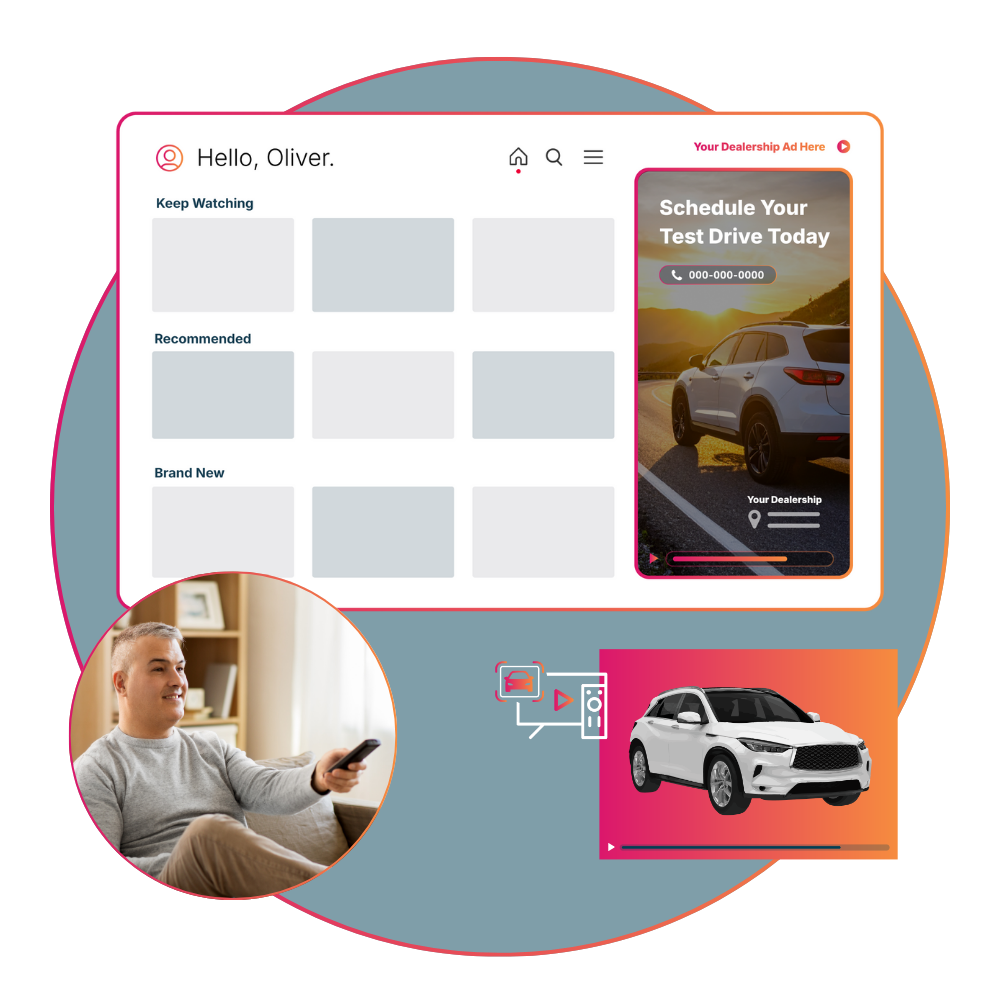 Connected TV ad experience showing a dealership test drive promotion alongside a viewer watching streaming content at home.