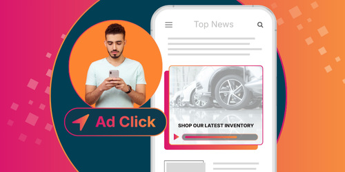 Automotive display ads shown across websites and mobile devices, featuring vehicle inventory cards, ad click indicators, and shoppers engaging with car listings.