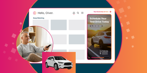 Connected TV and streaming video ad experience showing a vehicle test drive promotion alongside a viewer watching content on a television.