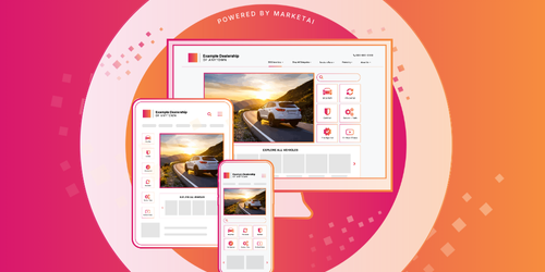 Illustration of a dealership website displayed across desktop, tablet, and mobile devices, highlighting increased website users, qualified leads, page views, repeat visits, test drives scheduled, and lead form submissions powered by MarketAI.