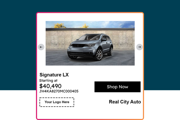 Vehicle listing ad preview showing dynamic pricing, vehicle details, and call-to-action buttons for test drives and shopping online.