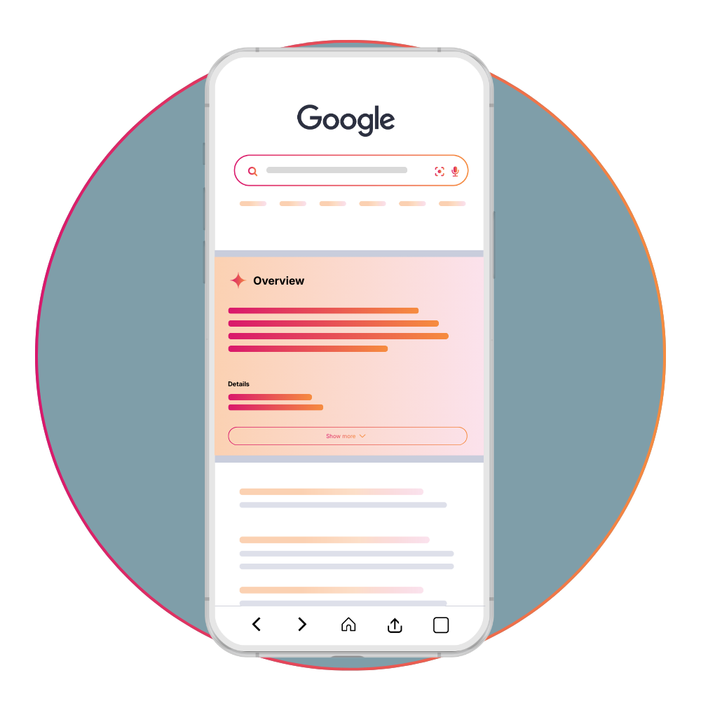 Illustration of a Google search results page optimized for SEO and AEO, highlighting structured overview content and enhanced search visibility.