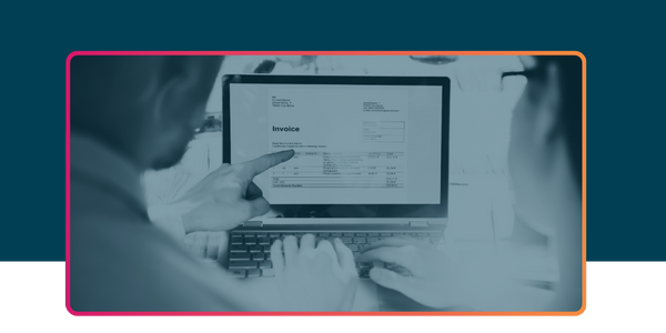 Gradient teal overlay over an image of a laptop with an invoice