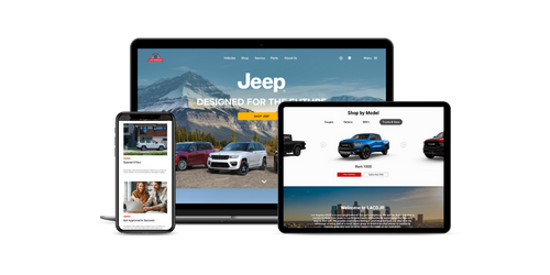 3 homepage screenshots in a mobile, tablet and laptop frame