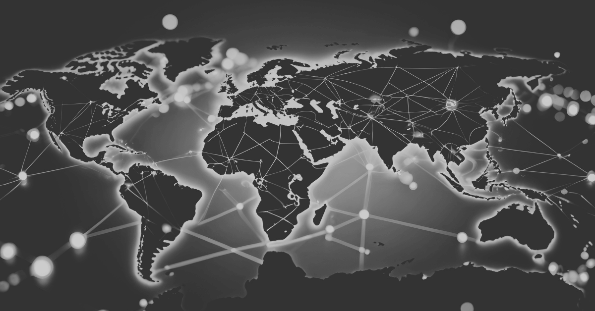 Large map of the world with interconnected, digital-inspired lines