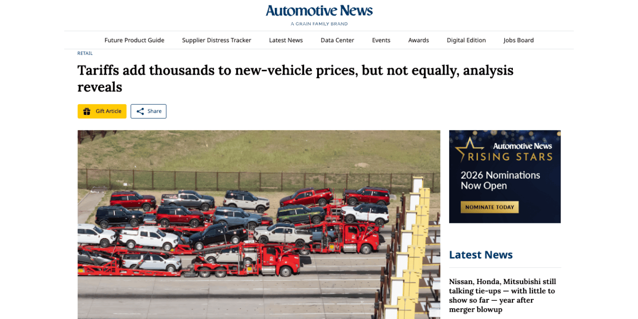 Auto News - Tariffs add thousands to new-vehicle prices, but not equally, analysis reveals