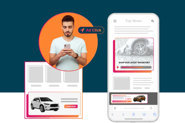 Automotive display advertising examples showing vehicle ads across news sites and mobile apps, driving shopper clicks and inventory engagement.