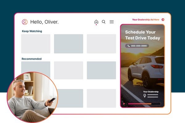 Connected TV streaming interface showing personalized content alongside a dealership OTT ad promoting a scheduled test drive for a vehicle.