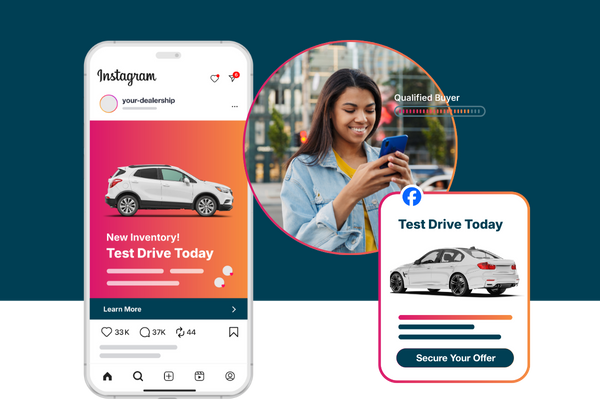 Automotive social media ads on Instagram and Facebook promoting new vehicle inventory and test drive offers to qualified buyers.