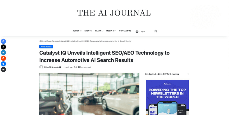 AI Journal - Catalyst IQ Unveils Intelligent SEOAEO Technology to Increase Automotive AI Search Results (1)-1