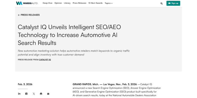 Wards Auto - Catalyst IQ Unveils Intelligent SEO/AEO Technology to Increase Automotive AI Search Results