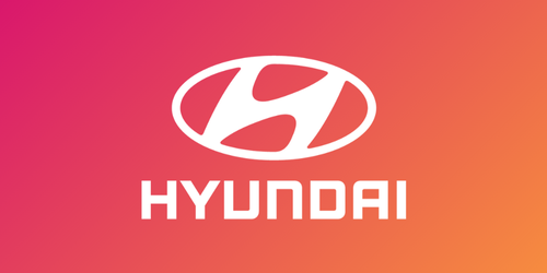 White Hyundai Logo on raspberry and orange gradient background